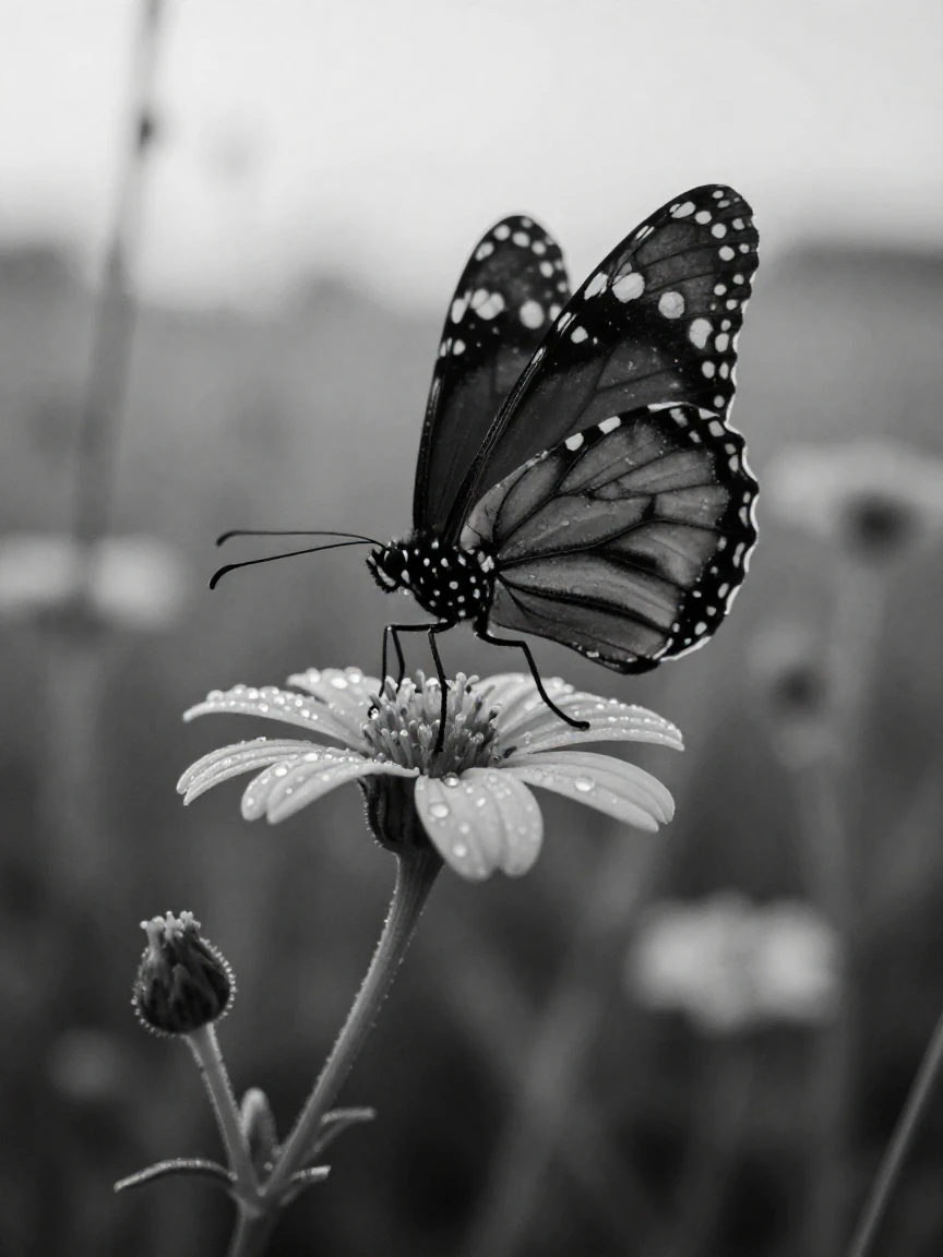 A monarch butterfly rests on a dew-covered petal in a wildflower meadow.