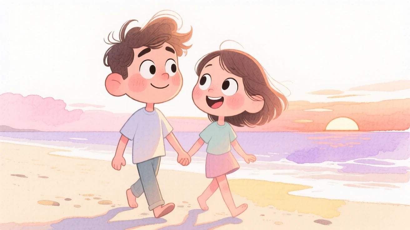 A couple on their first date walking hand in hand along a beach at sunset