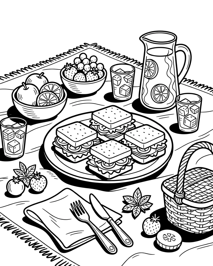 A picnic spread of sandwiches, fruit, and lemonade, with fresh ingredients scattered artfully around it.