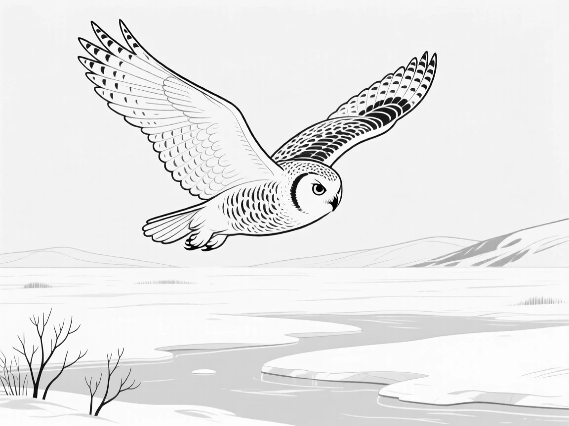 A snowy owl's silent flight over a frozen tundra