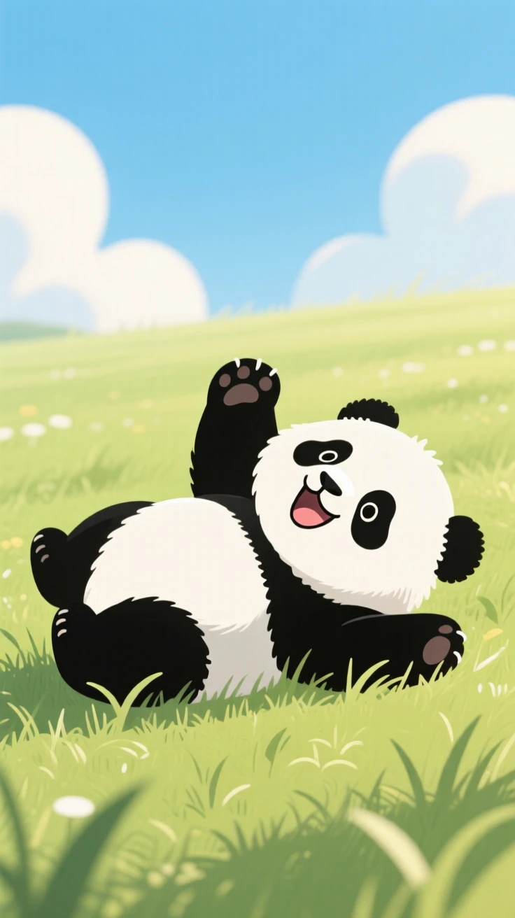 A playful panda cub rolling in the grass in a sunny meadow.
