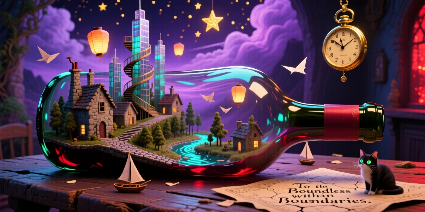 A sprawling village built inside the hollow of an old wine bottle seems impossibly vast for such a small container, while the object itself sits quietly on an ordinary wooden table.