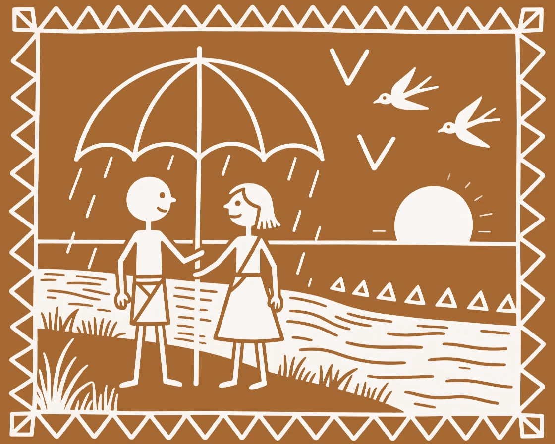 A young couple sharing an umbrella during a sudden rain shower beside a river at dusk.