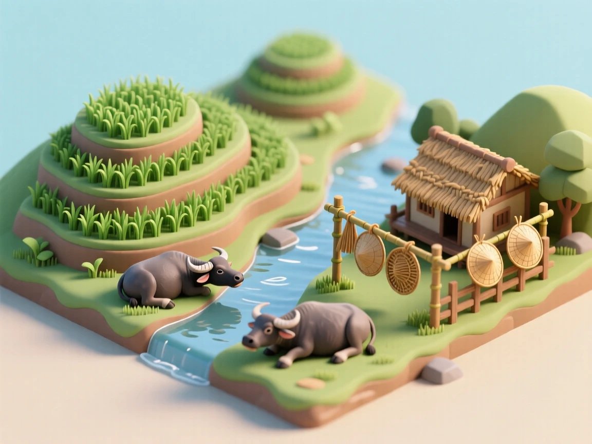 A miniature Vietnamese village with rice paddies terraced into hillsides, water buffalo resting near a stream, and conical hats drying on a fence.