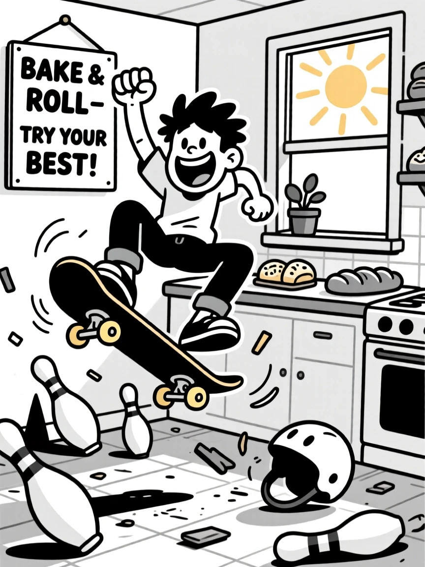 A skateboarder frozen mid-air after a botched trick, fist-pumping as the pins scatter behind, set in a sunny kitchen bakery corner. A helmet rolls away in the opposite direction. It's a joyful celebration of trying your best, wins and all.