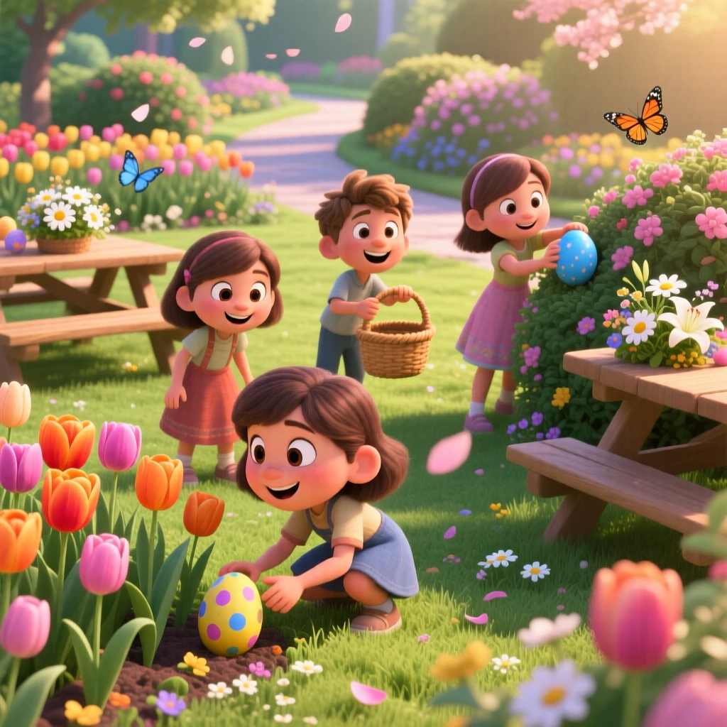 Kids hunting for hidden eggs in a spring garden happens in a garden bursting with spring tulips, with fresh flowers decorating every table. The mood is joyful, nostalgic, and full of celebration.