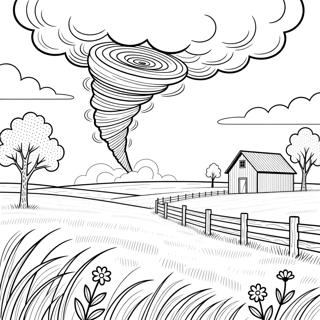 A tornado forming on the horizon of an open prairie, with mist rolling gently across the ground.
