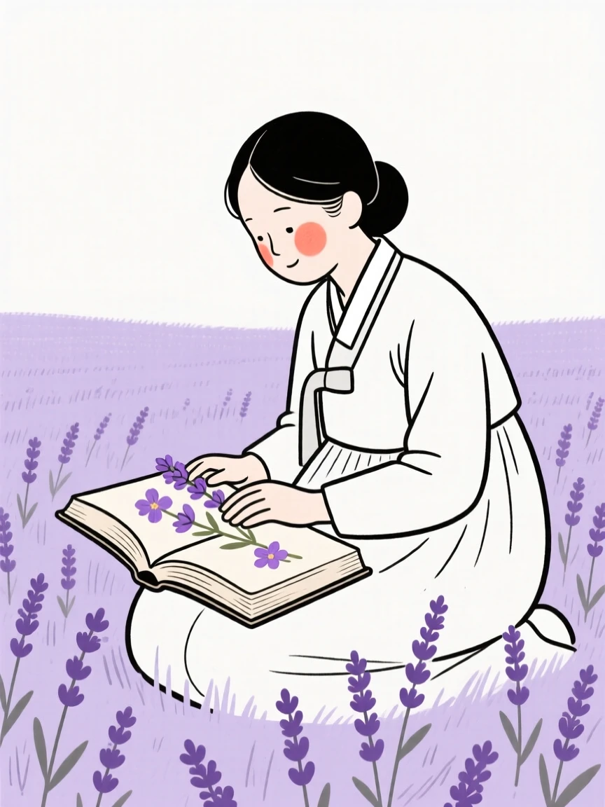 A mother of Korean heritage pressing flowers in an old book, in a lavender field.