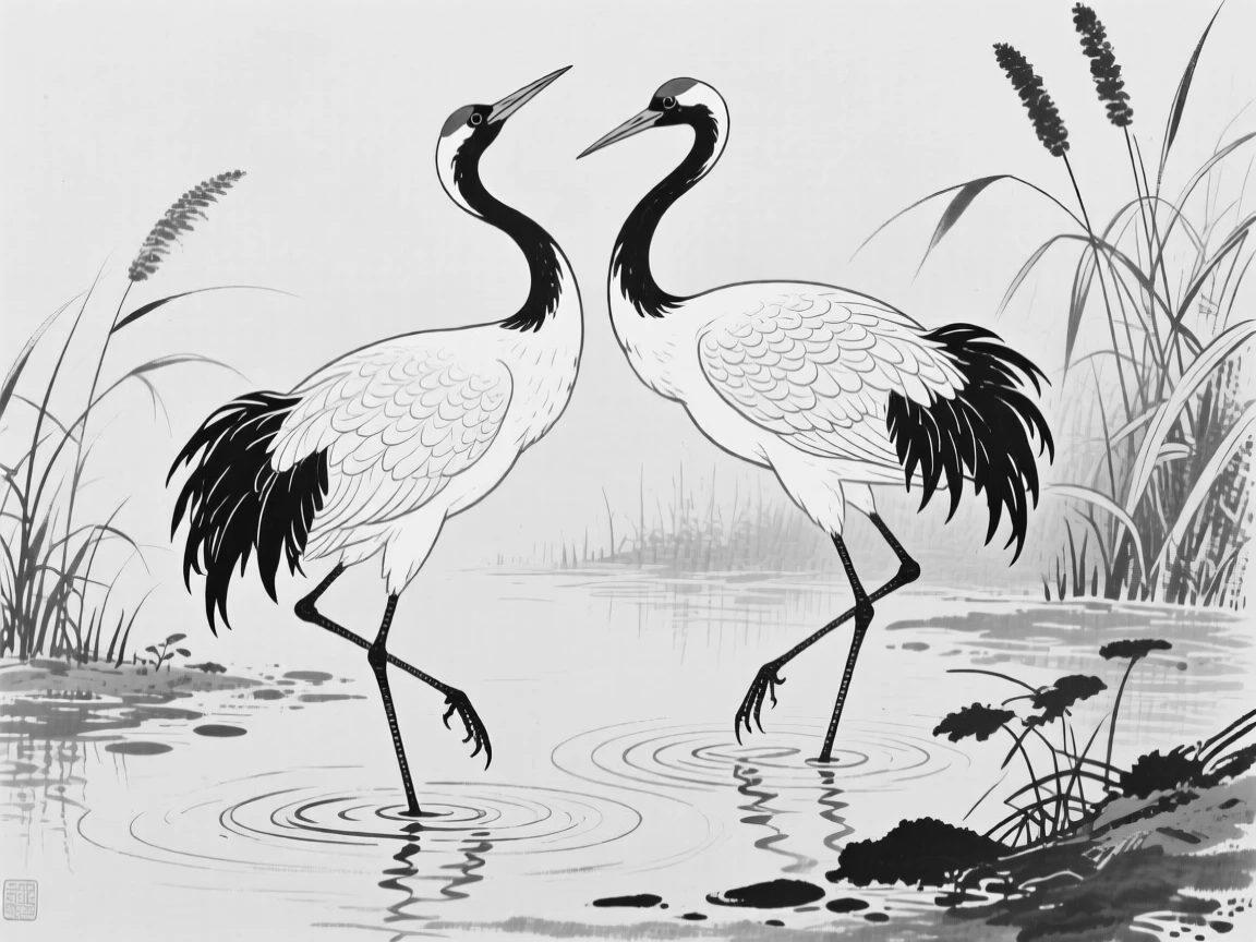 A pair of cranes performing an elegant courtship dance in a wetland.