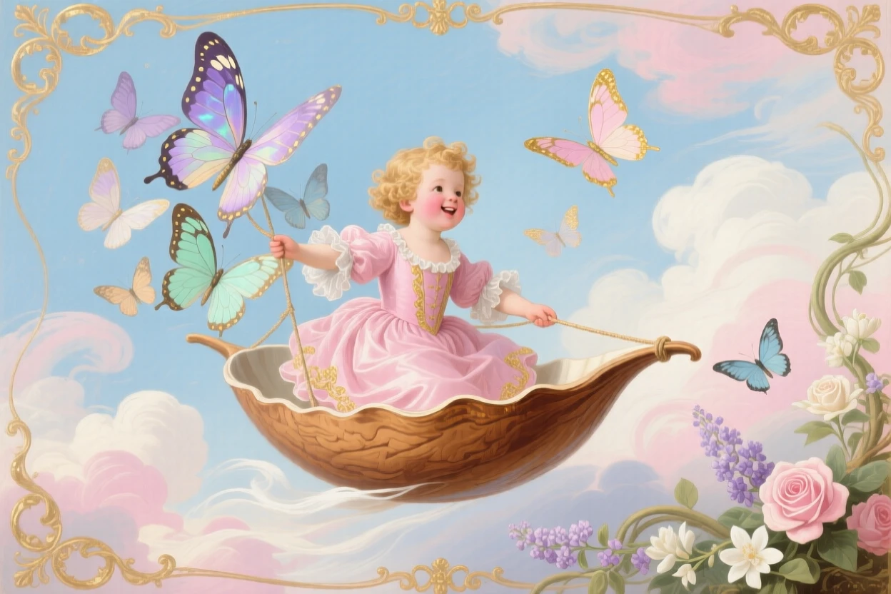 A child sailing through the sky in a walnut-shell boat pulled by butterflies  