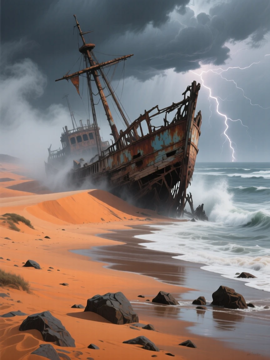 A dramatic beach scene in Namibia shows the Skeleton Coast's fog rolling over a shipwreck half-buried in orange sand dunes meeting the cold Atlantic, distant weather visible on the horizon hinting at conditions that will arrive within the hour.