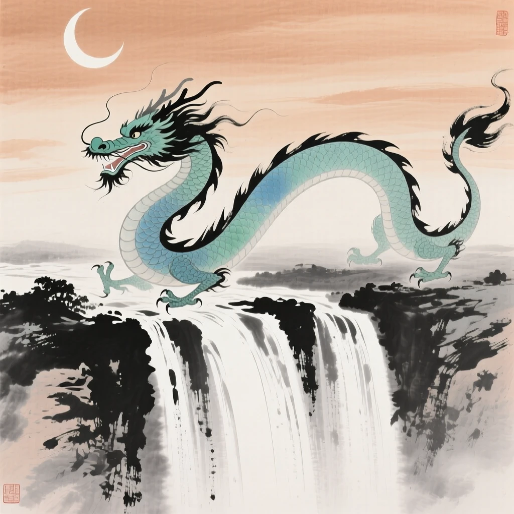 A jade dragon curling above a waterfall that seems to fall from the sky, beneath a crescent moon.