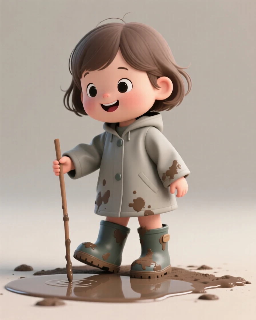 A curious toddler girl pokes at a puddle with a stick, rain boots splattered with mud and a huge grin on her face.