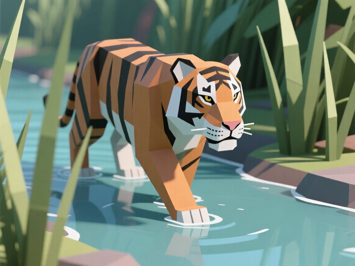 A tiger wading through a jungle stream, amid tall swaying grass. delicate detail is visible in the fur and eyes. A gentle, peaceful stillness fills the air.