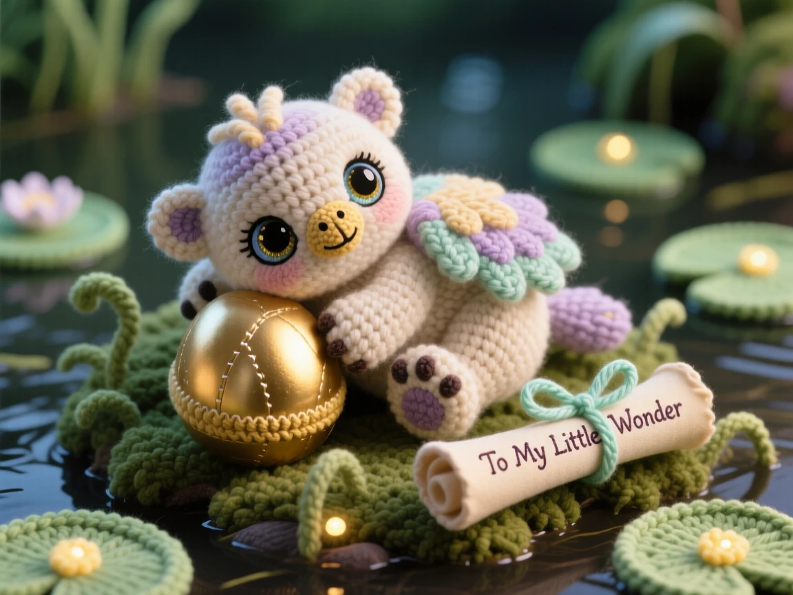 A charming portrait of a small baby griffin cub, with downy feathers and soft paws, napping curled around a golden egg beside a tiny scroll tied with a ribbon in a quiet swamp dotted with glowing lily pads, conveying playful whimsy and lighthearted charm.