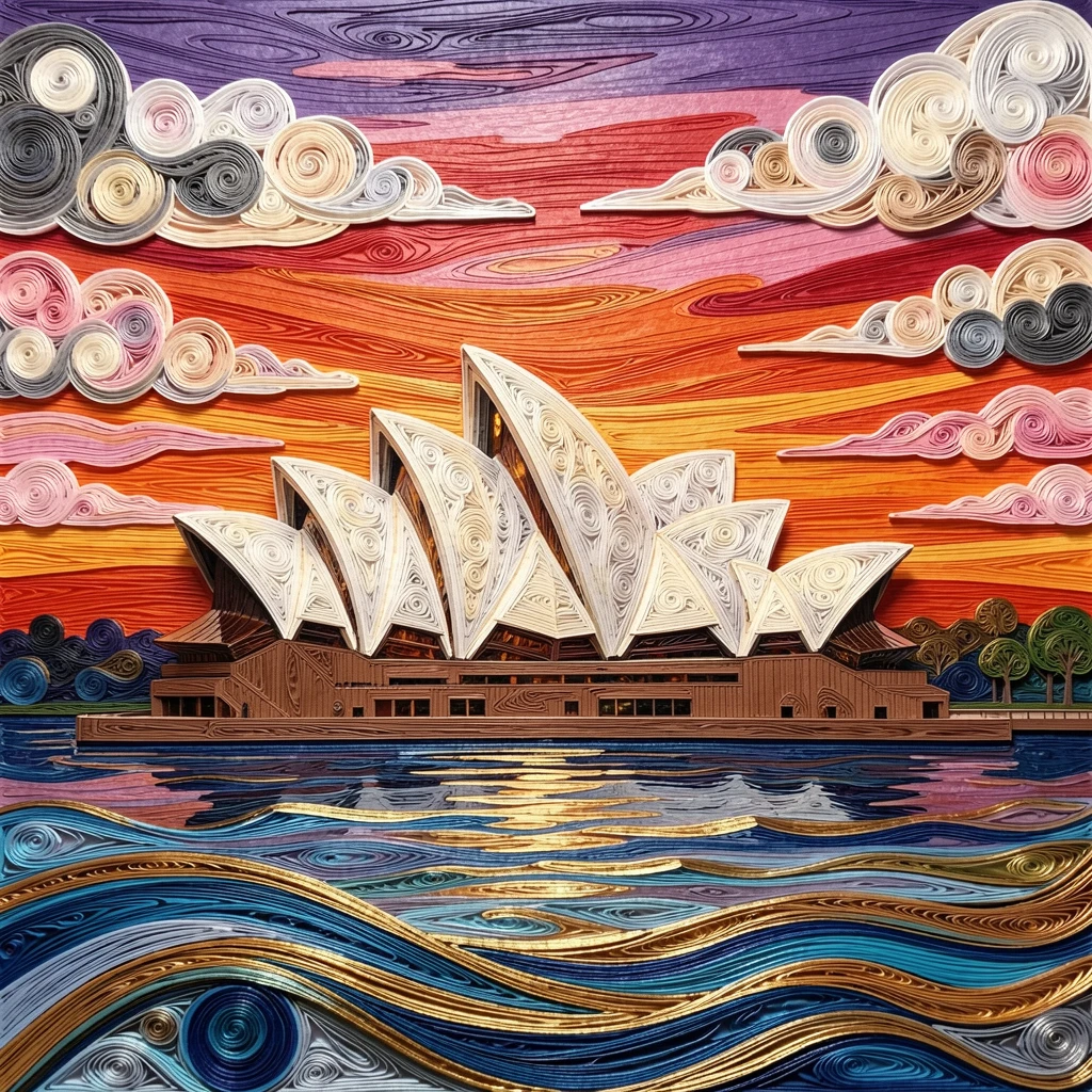 the Sydney Opera House against a vivid harbor sunset, beneath dramatic clouds catching the last light of day, composed with the landmark as a striking central focal point, with delicate clouds streaked across the horizon.
