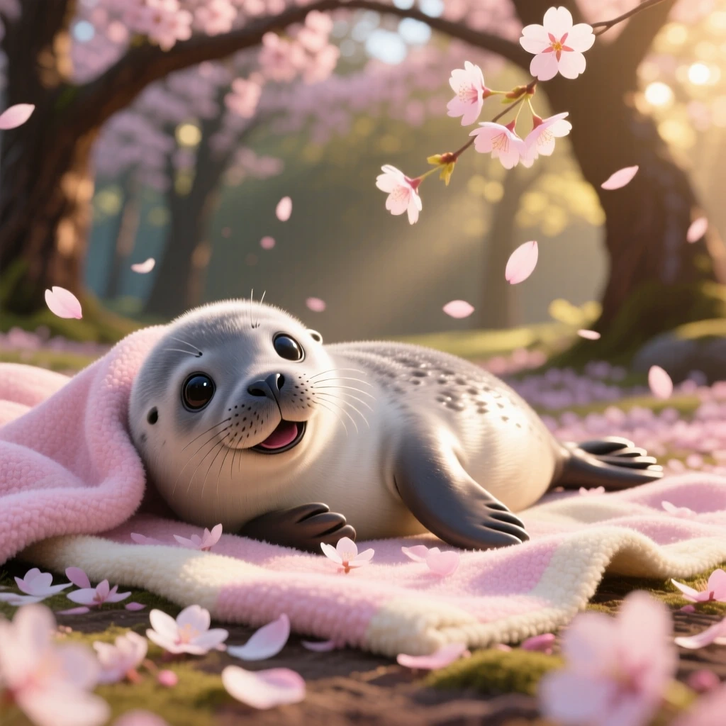 A baby seal pup is playing among fallen cherry blossom petals, nuzzling against a soft blanket. The scene feels warm and heartwarming, with soft light catching its fur.