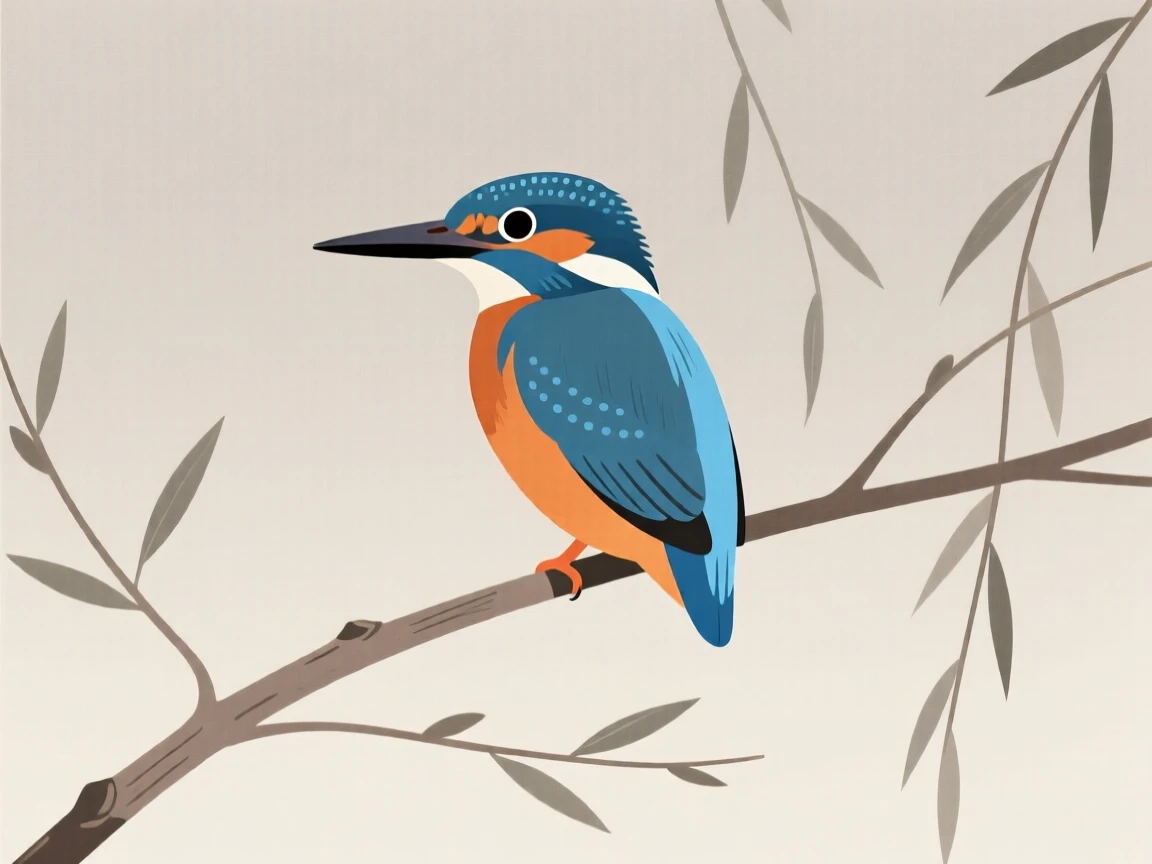 A curious kingfisher perched on a thin willow branch, staring directly at the viewer.