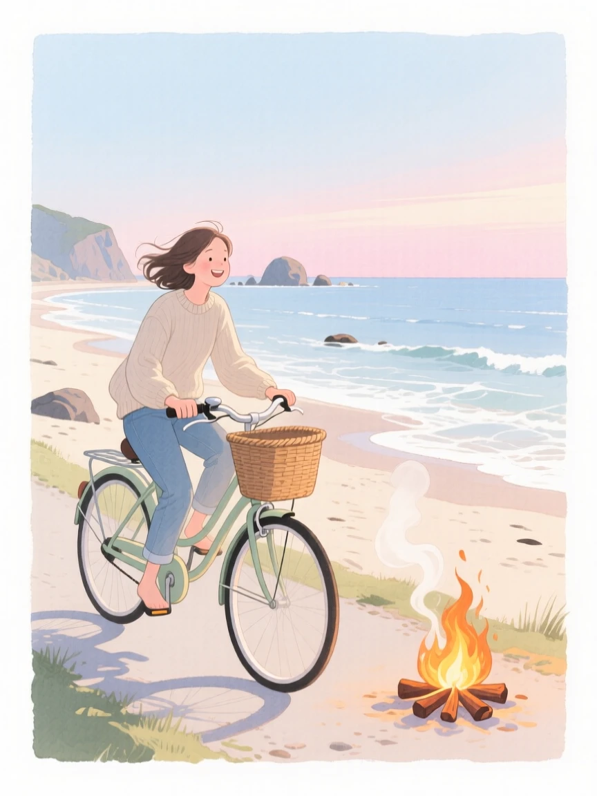 A peaceful scene of someone riding a bicycle along the coast beside a crackling campfire, fully absorbed in a quiet, joyful moment