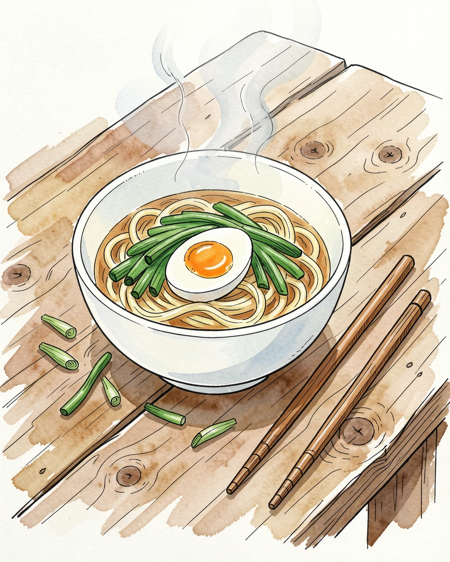 A rustic wooden table set with a steaming bowl of ramen, chopsticks resting beside a soft-boiled egg and fresh scallions