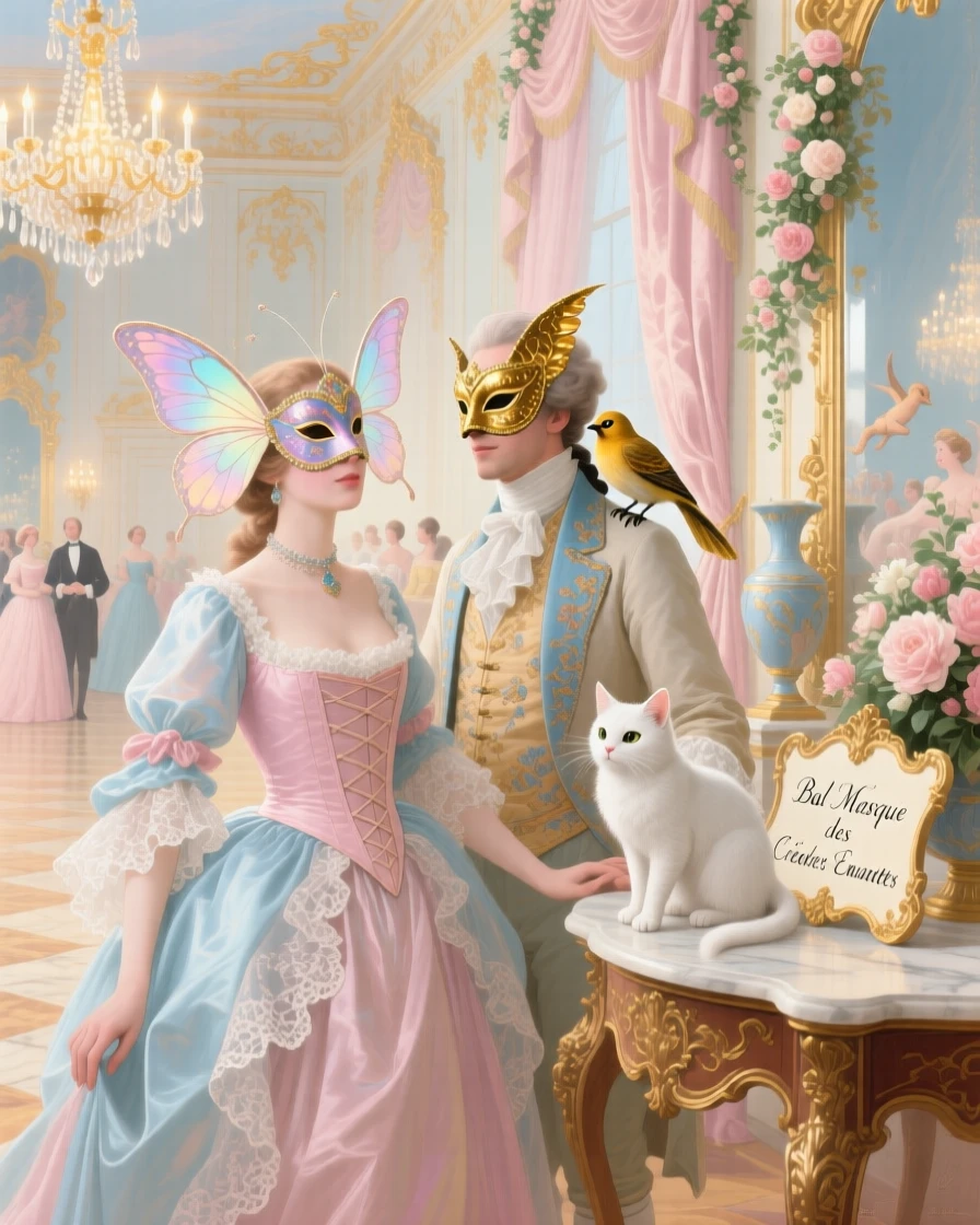 A magical masquerade in a palace where every mask becomes a living creature  