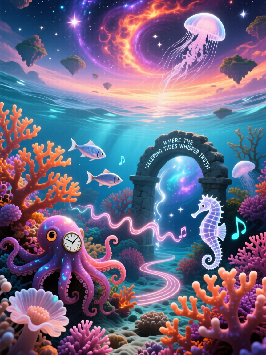 A coral reef glowing with colors that shift like a slow sunset hums faintly with a low, unseen music, as the horizon bends gently upward at its farthest edge.
