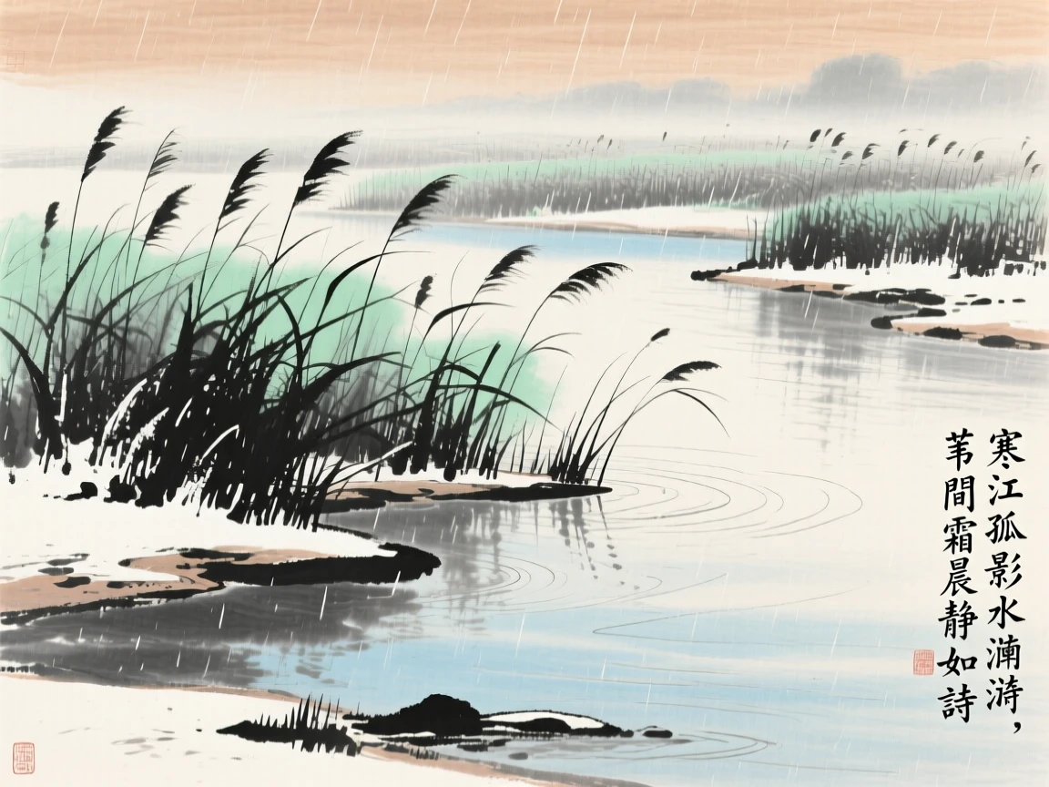 A peaceful riverside dotted with reed beds, as winter frost settles, filled with tranquil stillness, in a gentle drizzle.