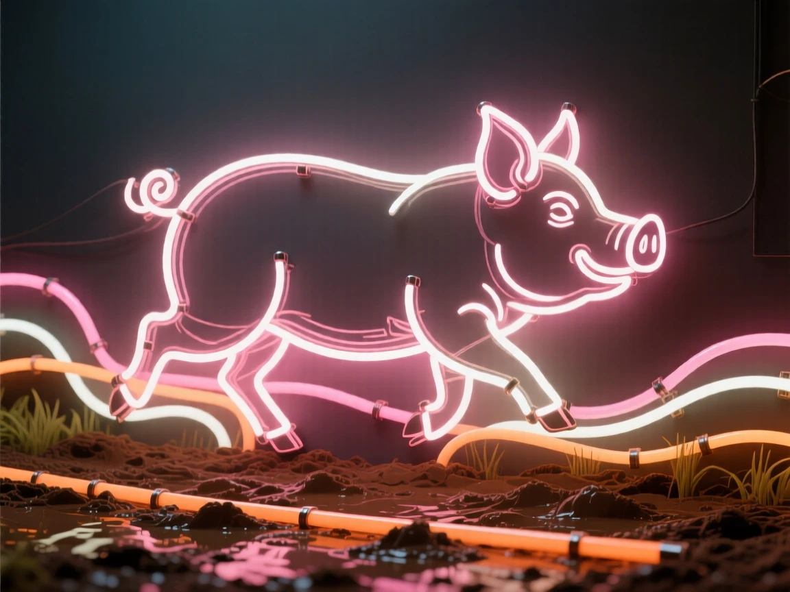 A piglet trotting through a muddy farmyard.