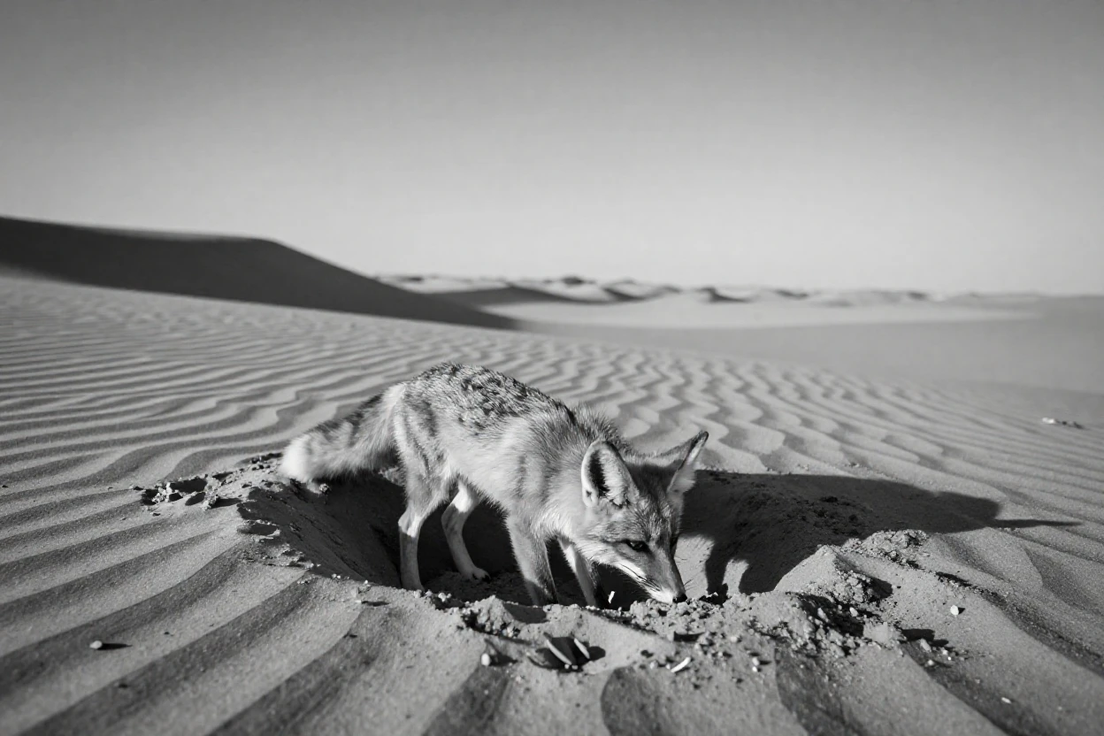 A desert fox digs a burrow beneath the cool sand under a brilliant desert sky.