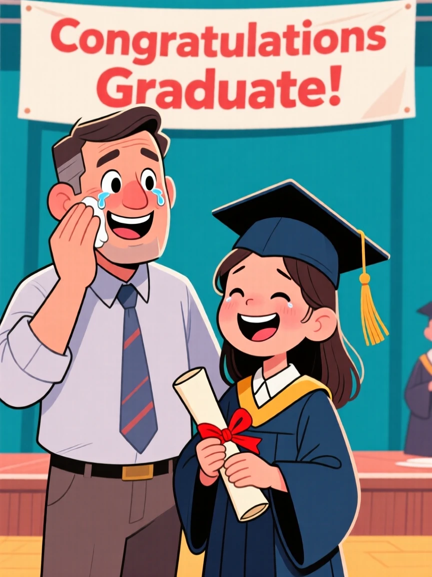A heartwarming moment depicting a father wiping away happy tears at his daughter's graduation, diploma clutched proudly in her hands.