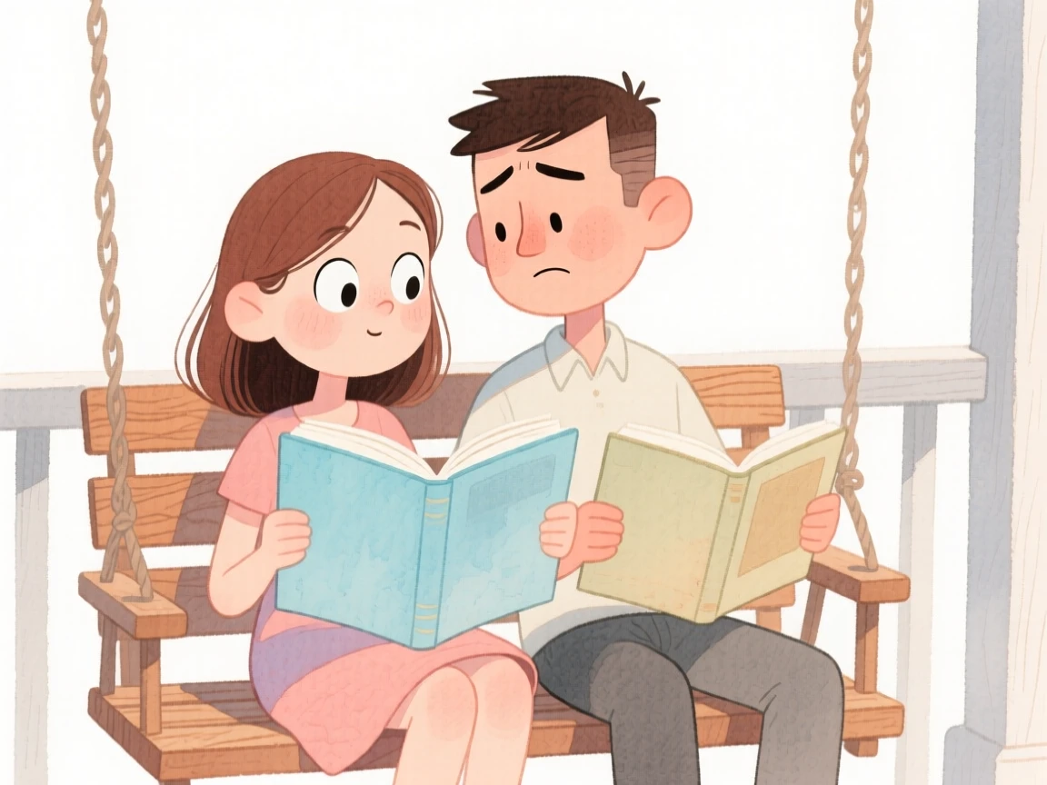 A young couple reading the same book together on a porch swing