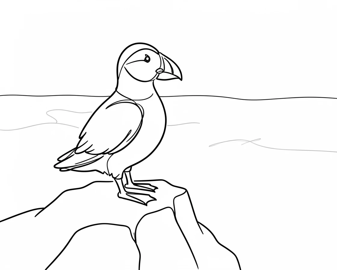 A puffin standing on a rocky cliff edge overlooking the sea