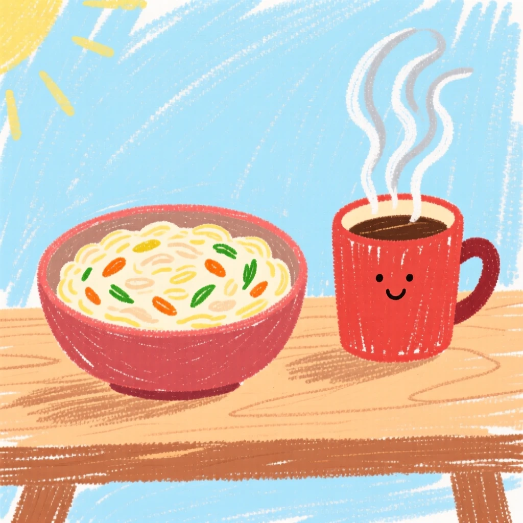 A bowl of creamy risotto placed beside a steaming cup of coffee.