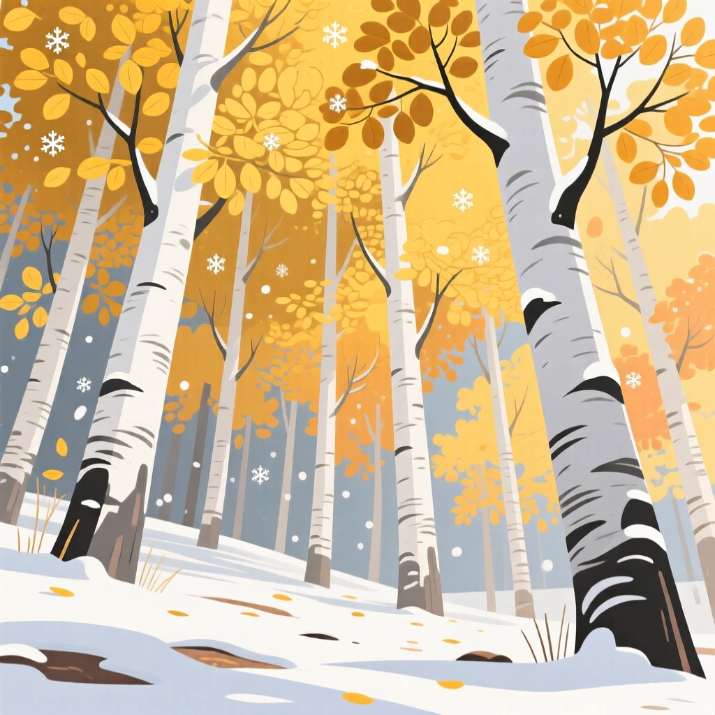 A grove of aspen trees with golden leaves shimmering in the wind, surrounded by a light dusting of fresh snow, captured from a low vantage point to emphasize scale, with delicate textures visible in every leaf and petal.