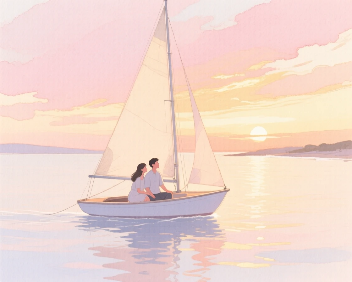 A tender moment of a sunset sail along the coast, while the sky turns shades of pink and gold, capturing quiet affection between two people