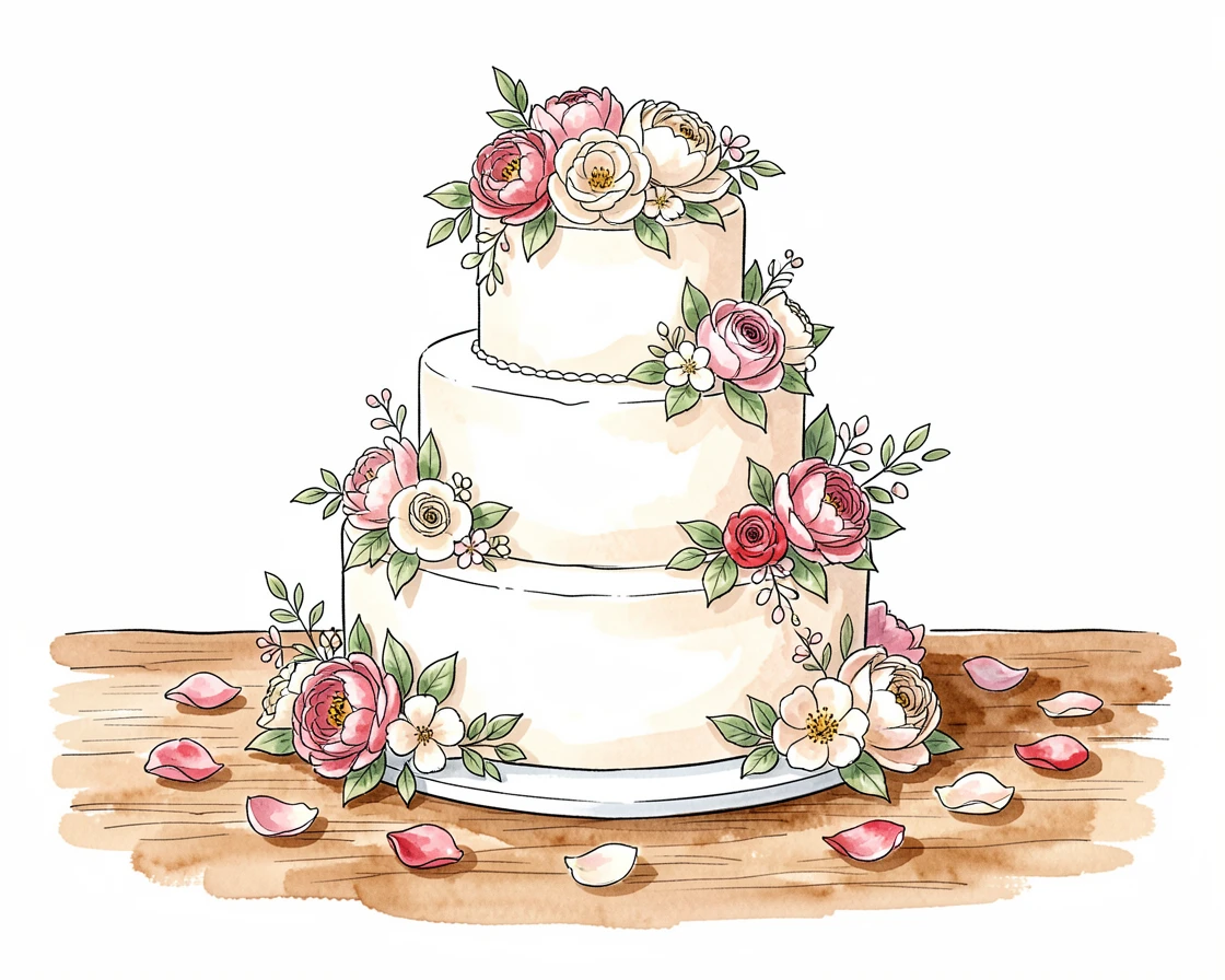 A tiered wedding cake decorated with delicate sugar flowers, standing on a table strewn with rose petals