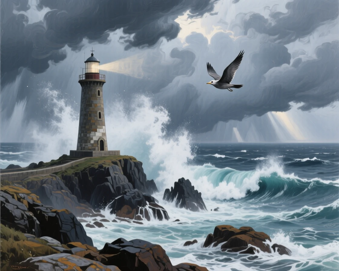 A dramatic storm surge hits a lighthouse on the coast of Brittany, massive waves exploding against the rocks as gray clouds race across the sky, the silence broken only occasionally by the call of a bird crossing the open sky.