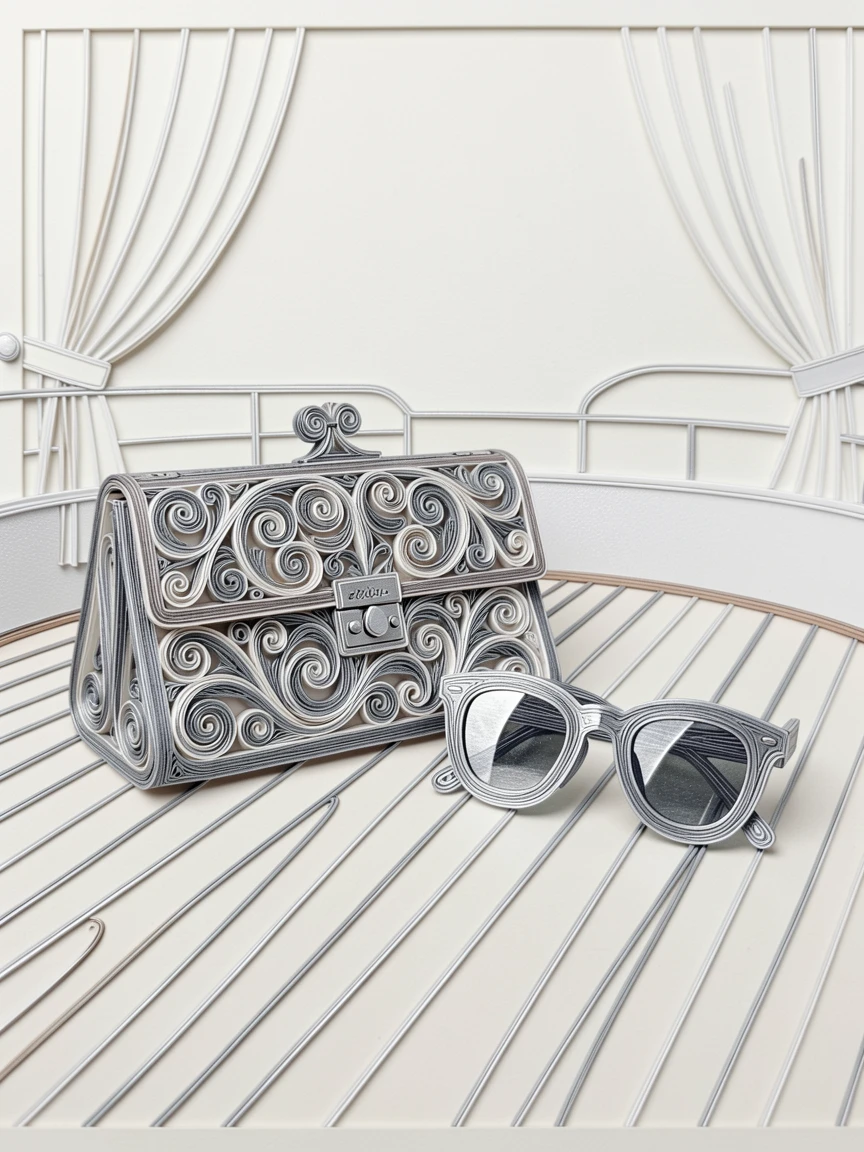 a designer clutch beside a pair of sunglasses on a yacht deck, in a sophisticated penthouse suite, arranged with refined, minimalist negative space, in cool platinum and silver tones.