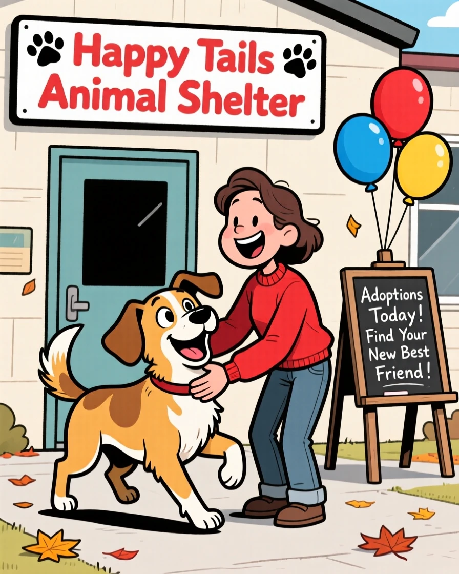 A heartwarming moment depicting a rescued shelter dog getting adopted, tail wagging so hard its whole body wiggles.