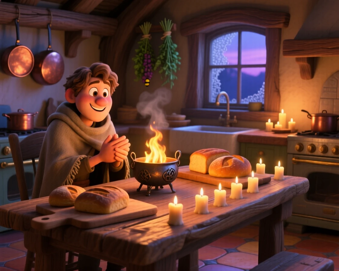 A traveler warming their hands by a fire sits at a rustic kitchen table with fresh bread cooling nearby, lighting a row of small candles. The mood is snug, tender, and softly domestic, with soft golden light spilling across the floor.
