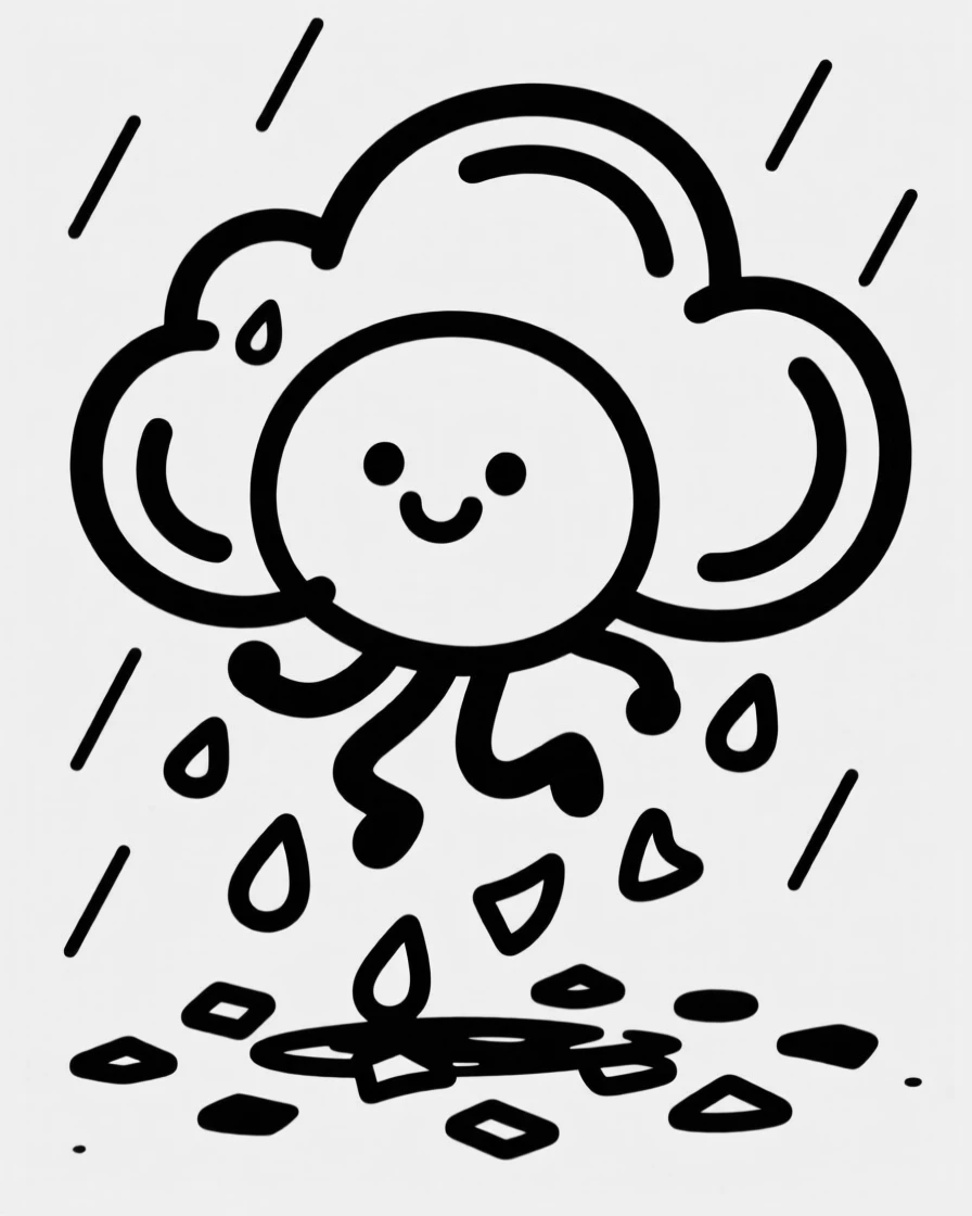 A small round cloud character raining confetti instead of rain.