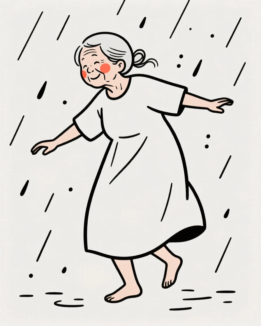 An elderly woman dancing barefoot in the rain.