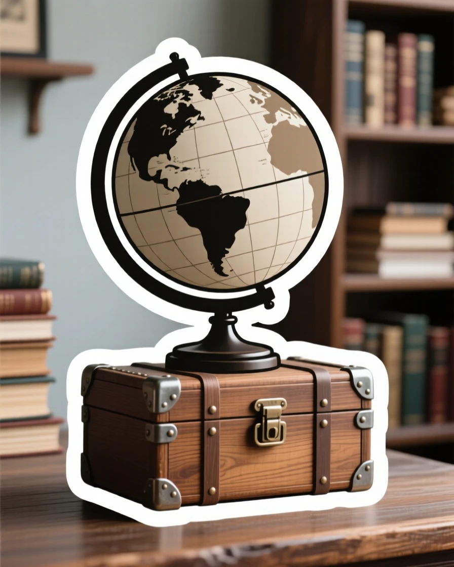An effortlessly stylish vintage globe on a stand, sitting atop an old wooden trunk, in a study filled with books.
