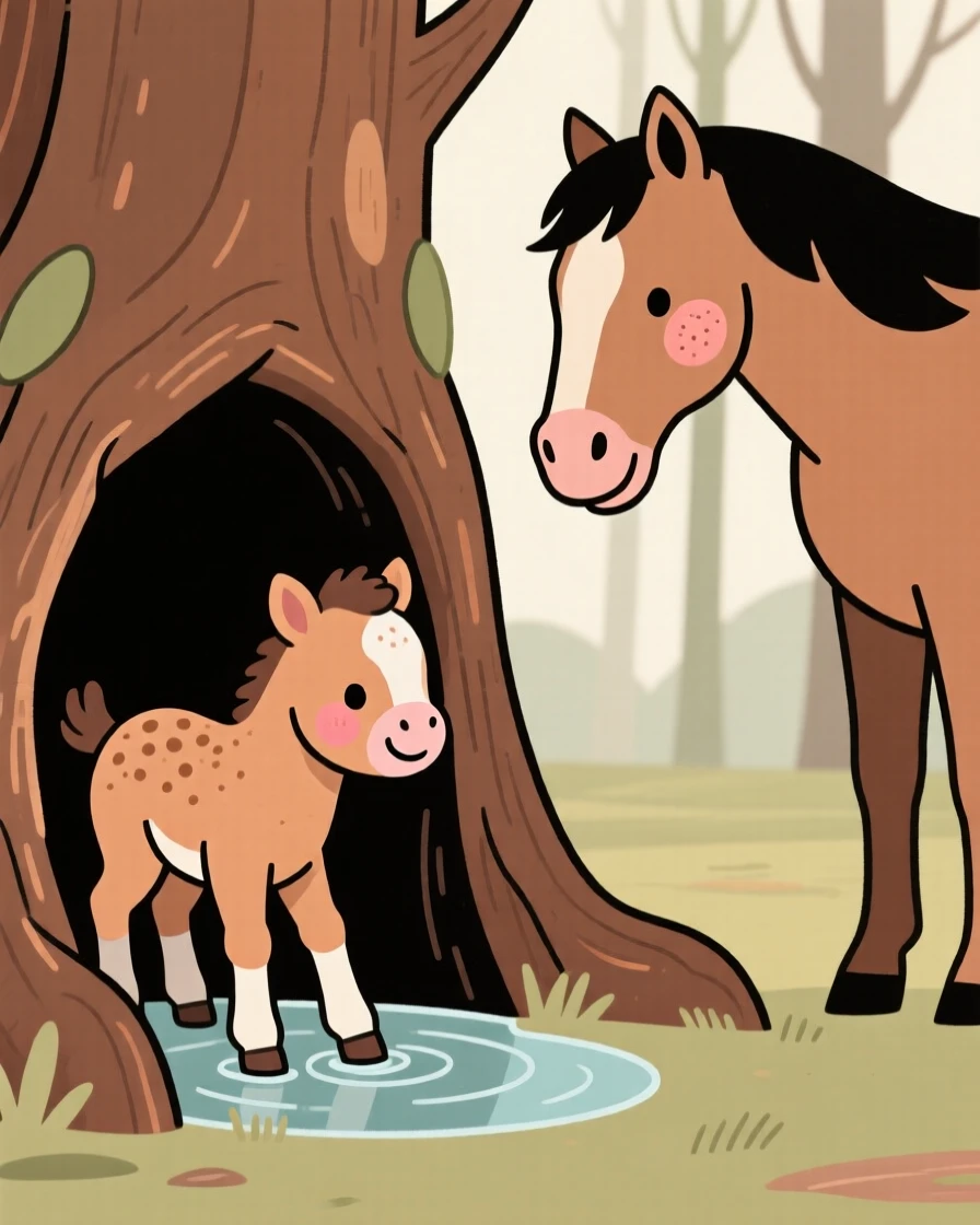 A newborn foal explores a hollow tree for the first time, testing the water with one paw while a nearby mother watches with gentle patience.