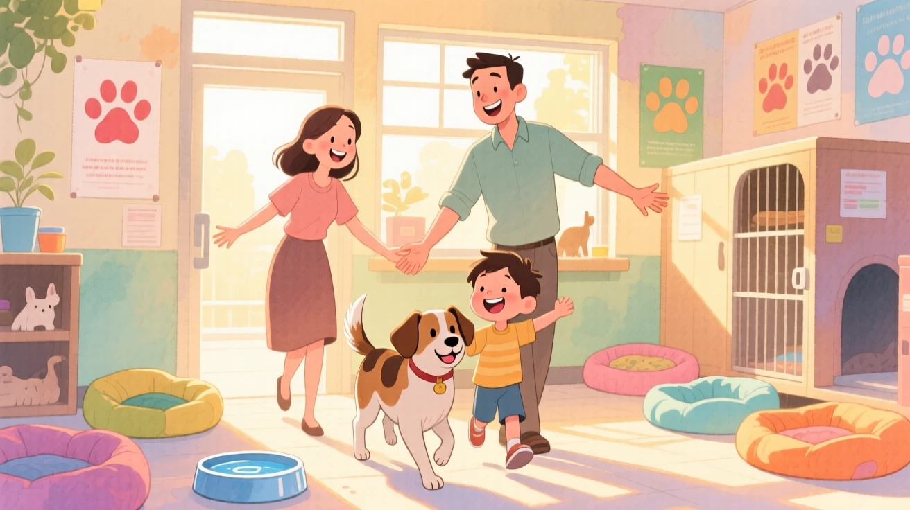 A rescued shelter dog being adopted by a joyful family at the shelter, bathed in warm afternoon sunlight, radiating kindness, hope, and heartfelt emotion.