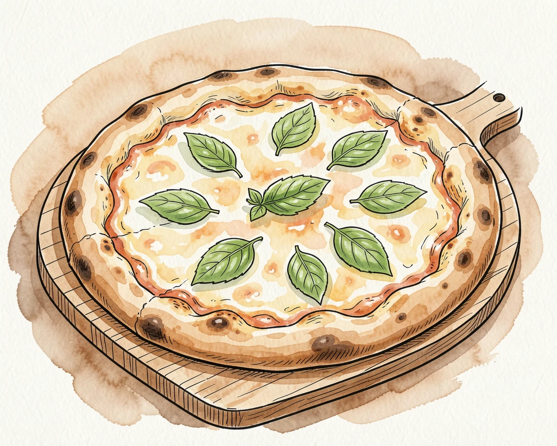 A woodfired pizza fresh from the oven, melted cheese bubbling and a scattering of fresh basil leaves on top
