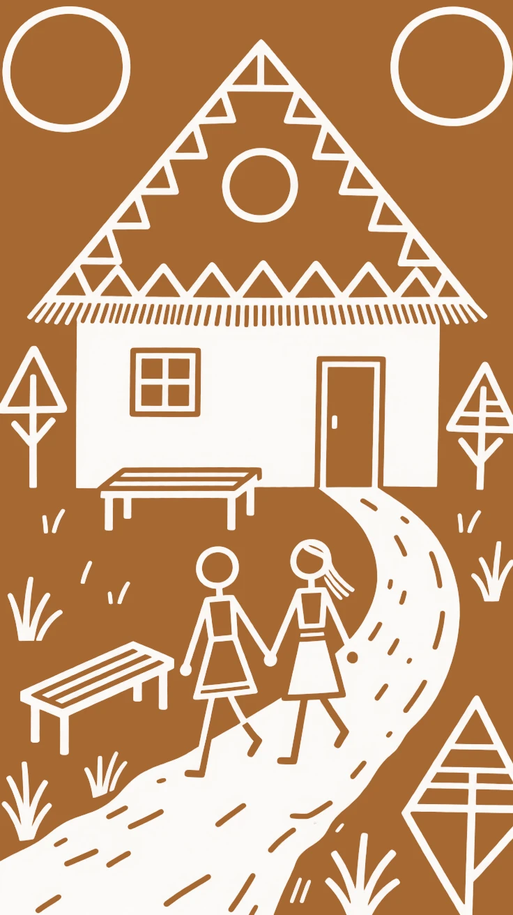 A young couple walking hand in hand along a village path on a bench outside a home.