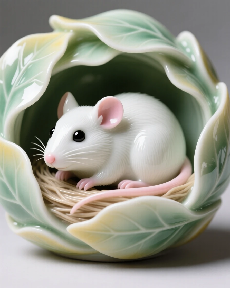 A tiny mouse tucked into a nest of soft leaves, utterly charming and full of innocent wonder.