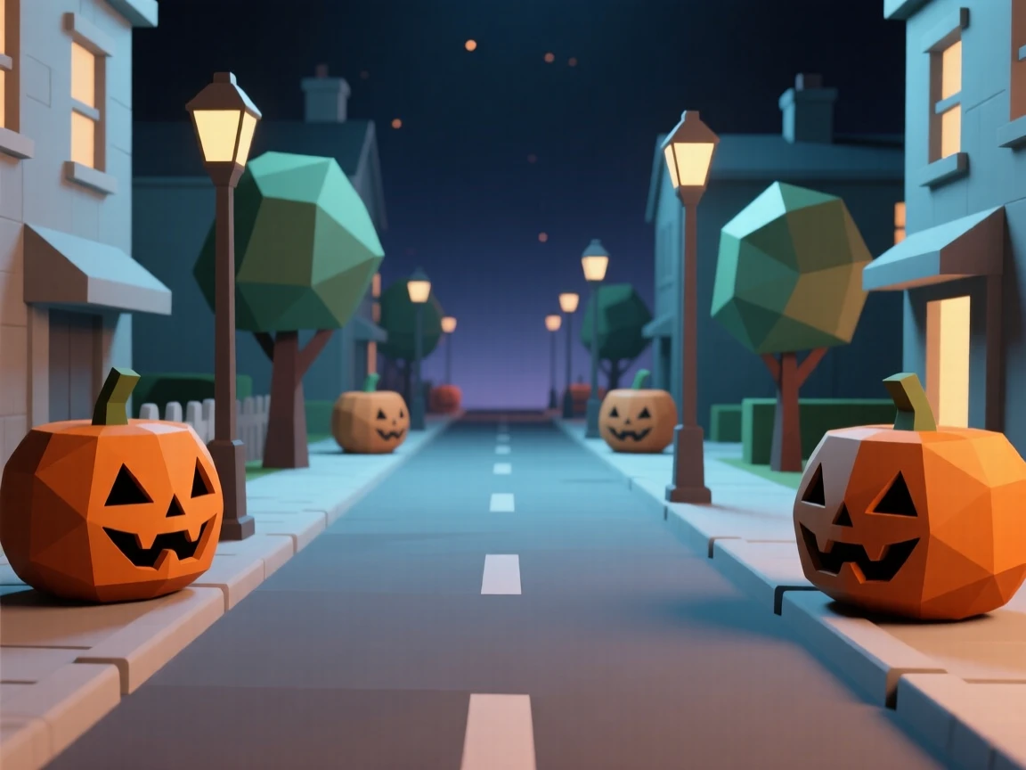 A Halloween night street lined with glowing pumpkins, as the last light of evening fades. rich seasonal colors bring the scene to life. A gentle sense of togetherness fills the scene.