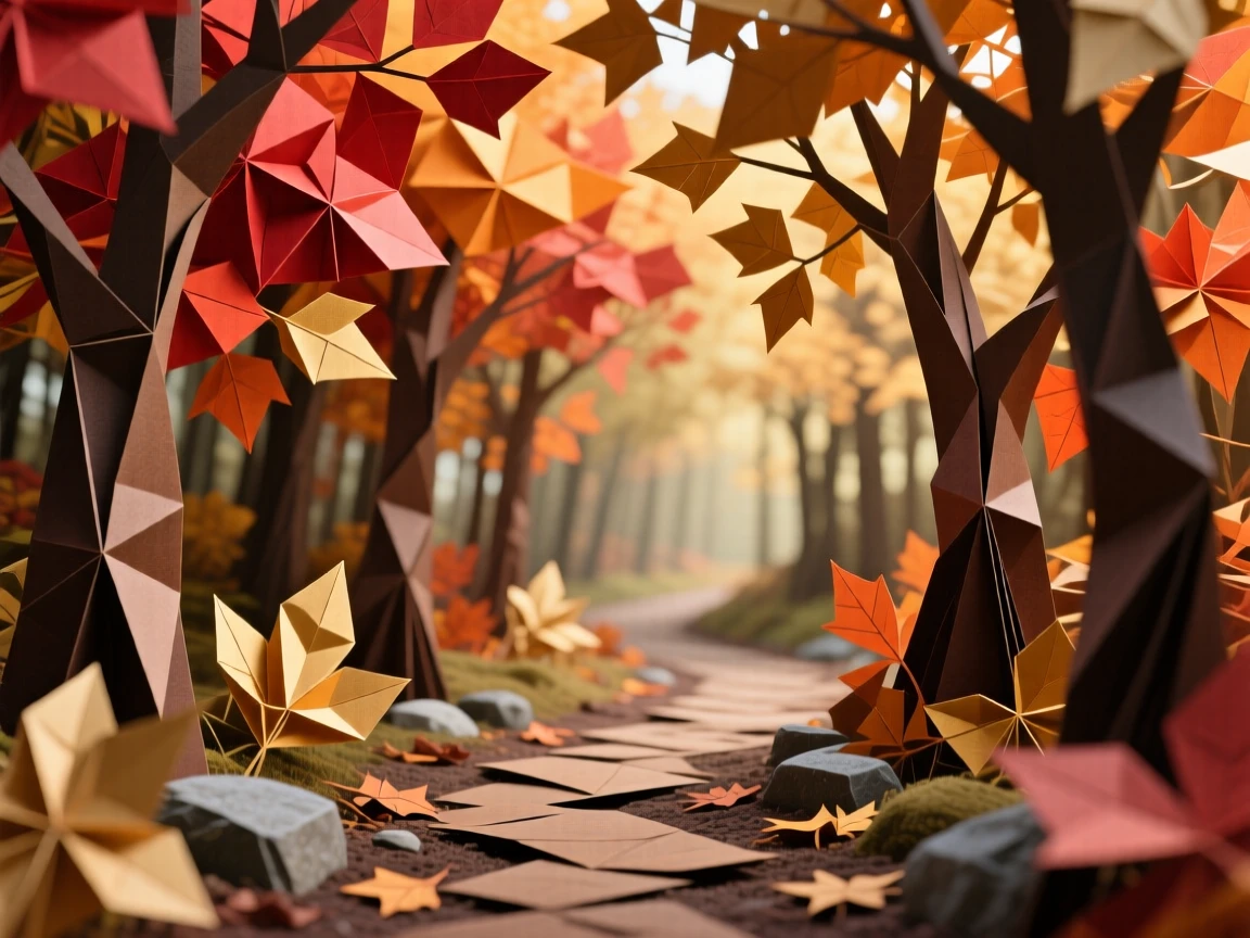 An autumn forest ablaze with red, orange, and gold leaves lining a quiet hiking trail.